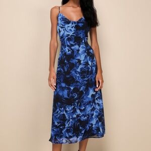 Lulus Beautiful Persona Blue Floral Chiffon Cowl A-line Midi Dress - Size XS